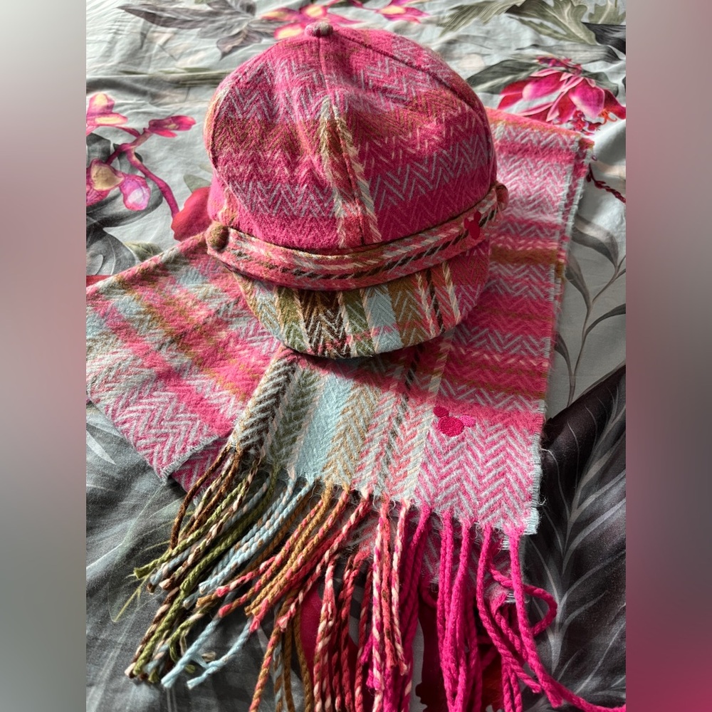 Disney Parks Pink Multicolor Youth Knit Hat and Scarf Set